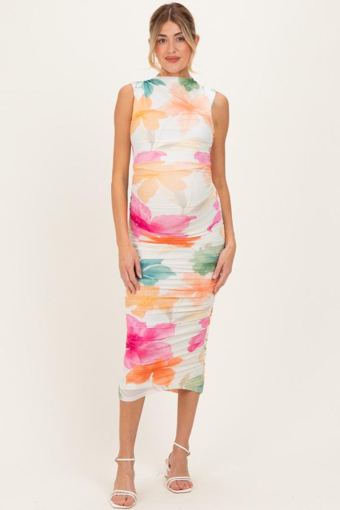 multicolor floral ruched sleeveless maternity midi dress