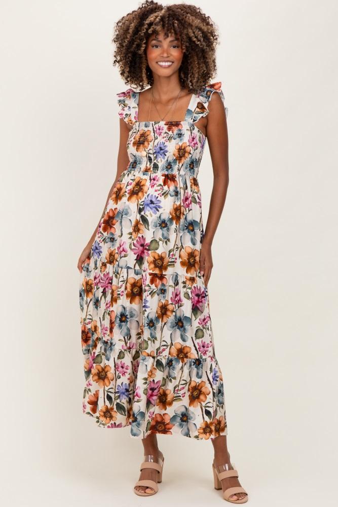 multicolor floral smocked tiered maternity maxi dress