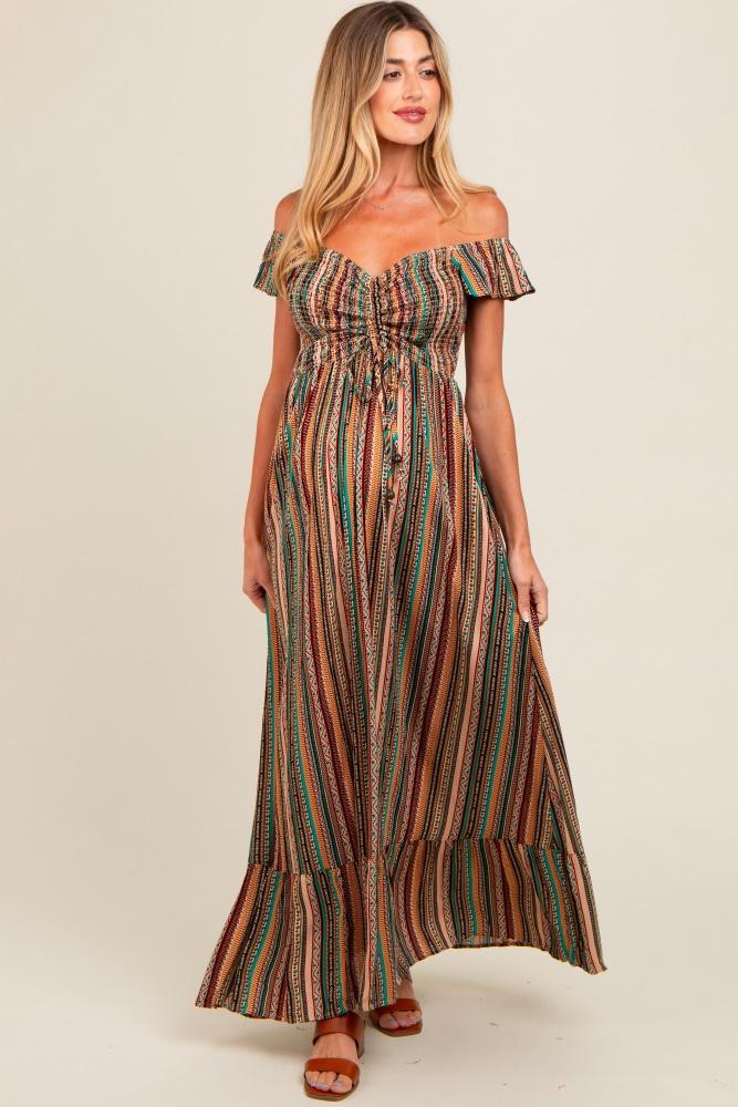 multicolor off shoulder cinched maternity maxi dress
