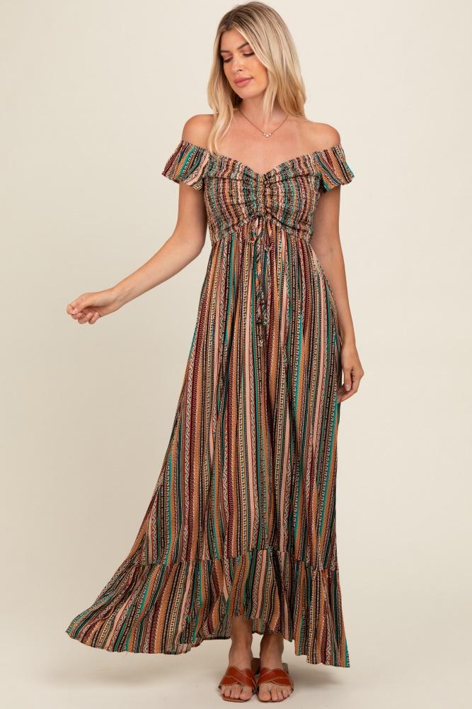 multicolor off shoulder cinched maxi dress