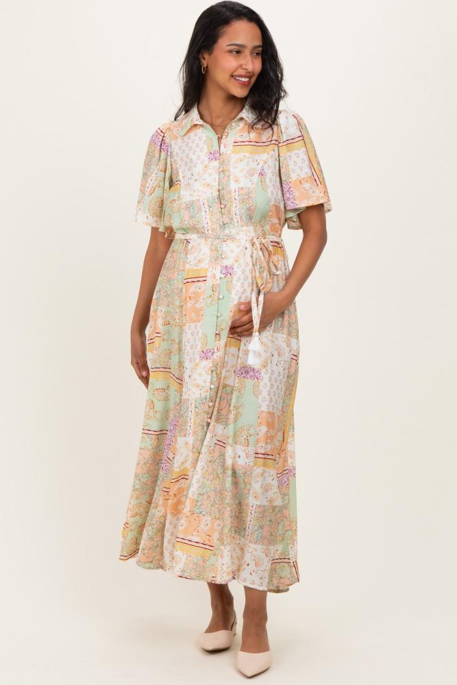 multicolor patchwork print button down maternity maxi dress