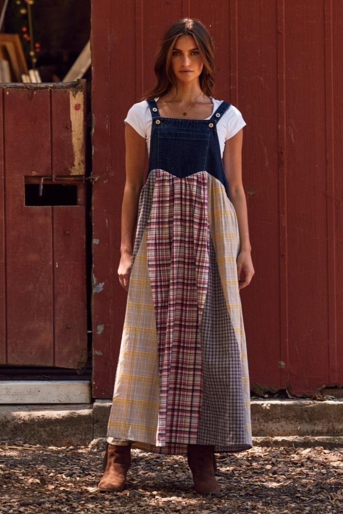 multicolor plaid colorblock denim overall dress