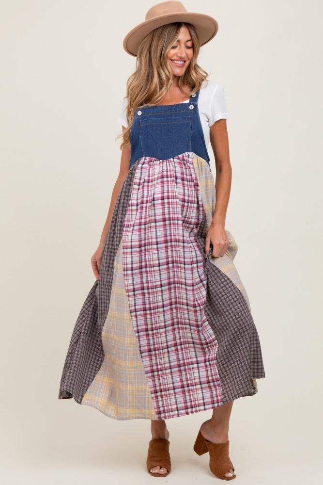 multicolor plaid colorblock denim overall maternity dress