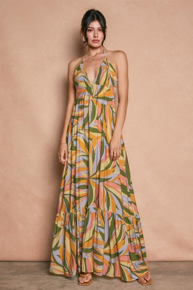 multicolor print halter cutout tie back maxi dress