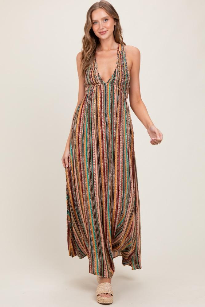 multicolor printed halter tie back cutout maxi dress