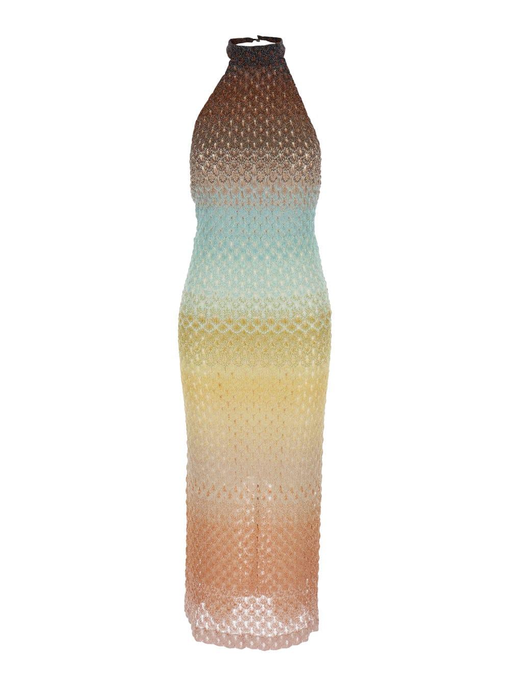 multicolor sleeveless dress with halterneck and faded effect in viscose blend woman