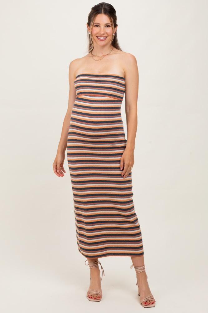 multicolor striped knit strapless maternity midi dress