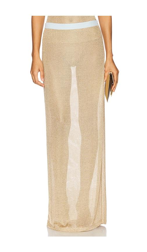 muma world long skirt in metallic gold.