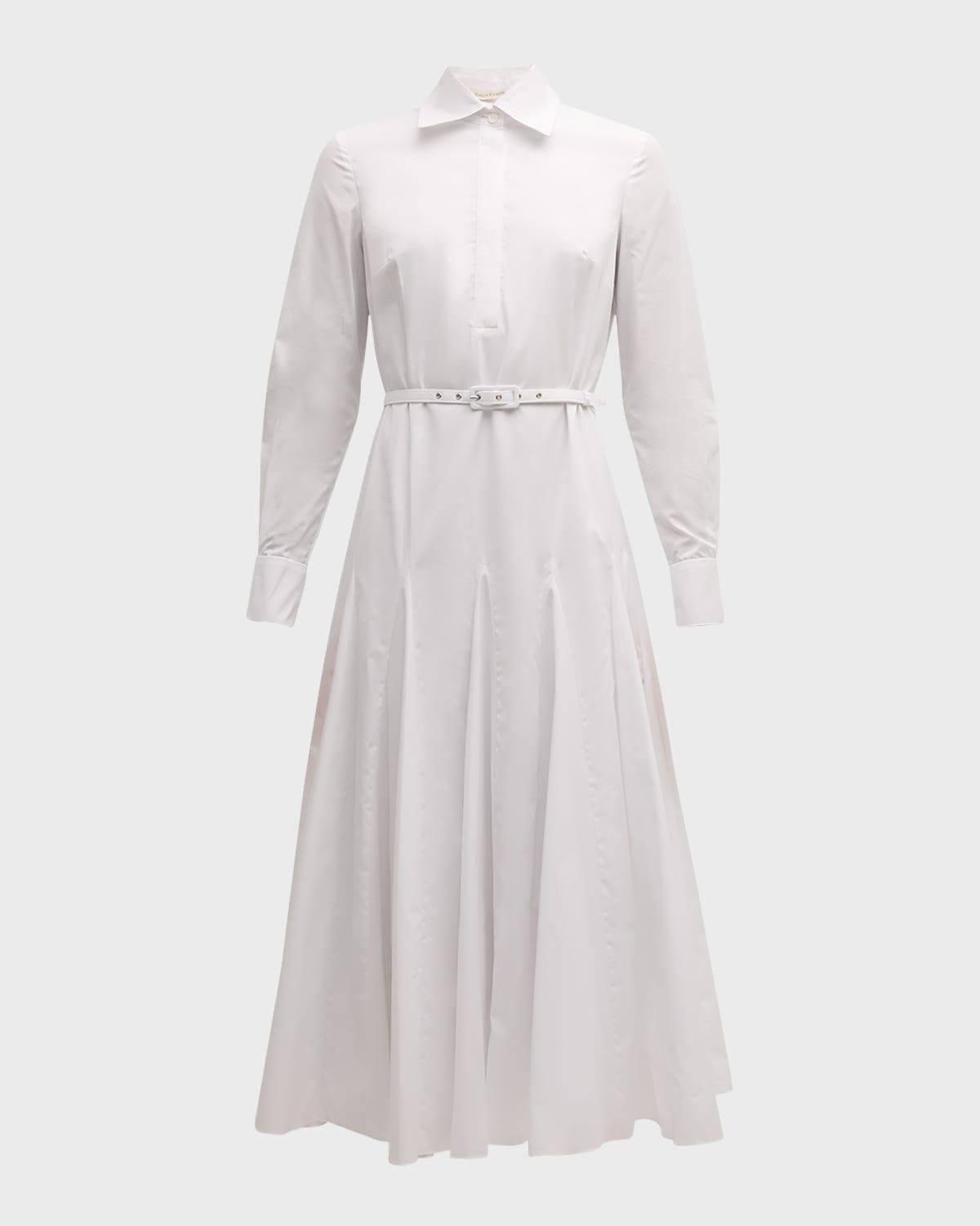 muse long-sleeve belted godet-skirt midi shirtdress