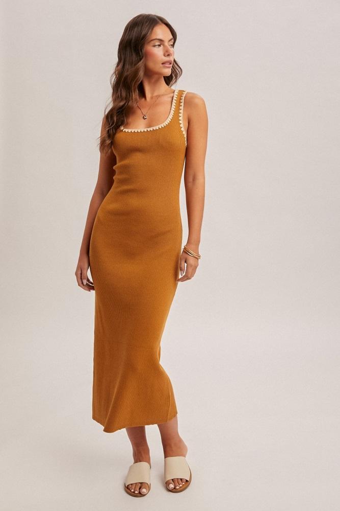 mustard contrast stitch detail ribbed sweater dress