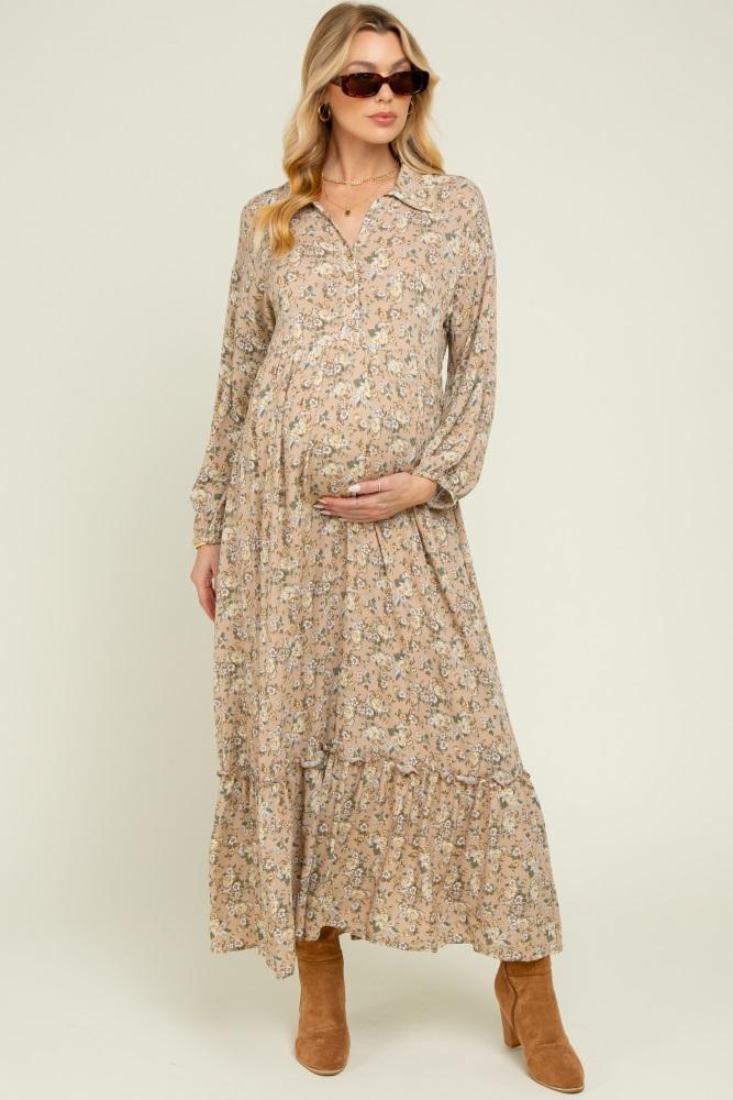 mustard floral long sleeve button down collared maternity maxi dress