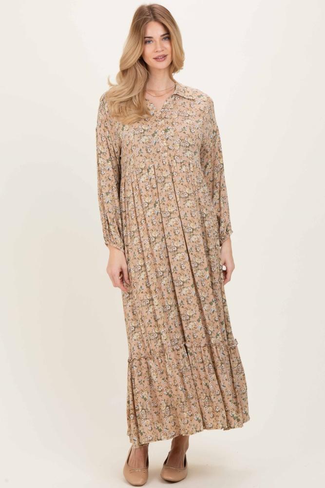 mustard floral long sleeve button down collared maxi dress