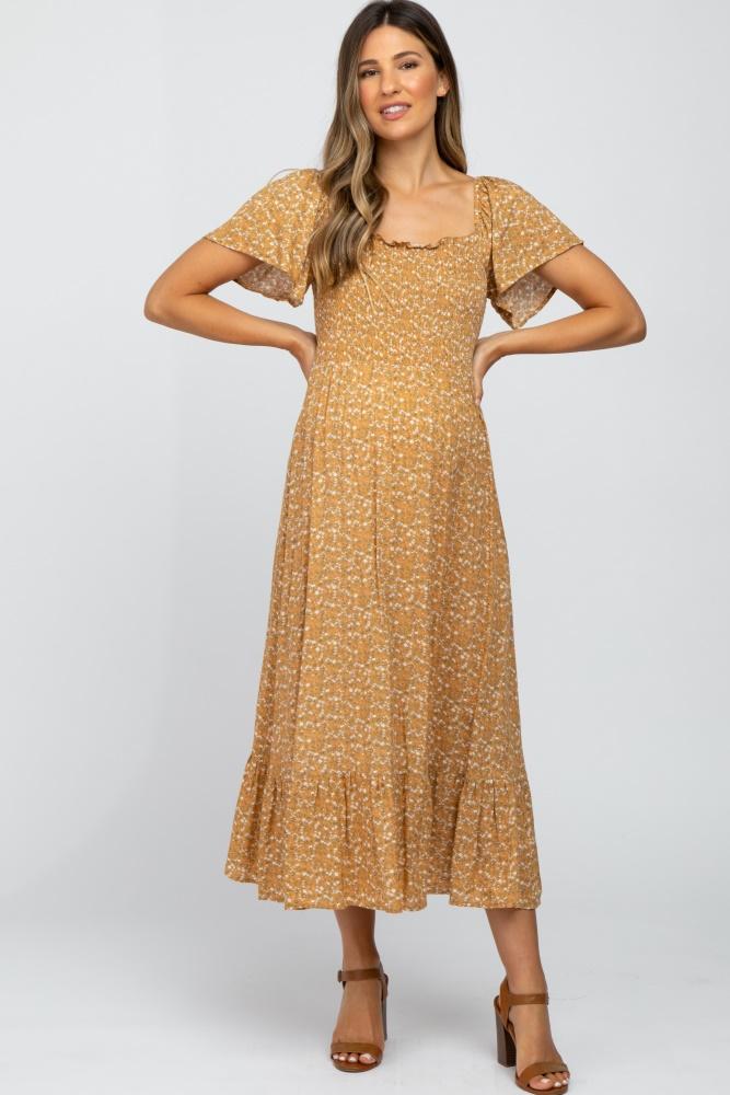 mustard floral smocked maternity maxi dress