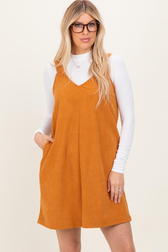 mustard solid corduroy v-neck a-line mini dress