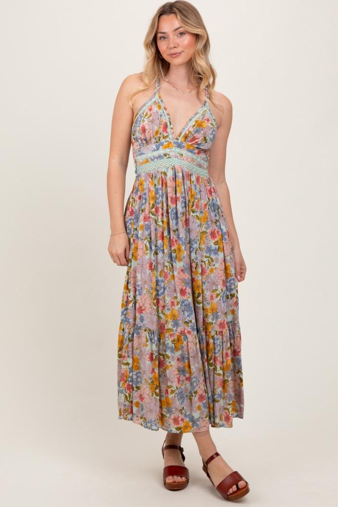 muticolor floral double strap lace trim midi dress