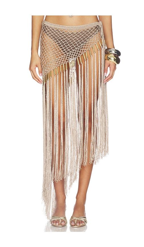my beachy side aria hand crochet fringe skirt in metallic bronze.