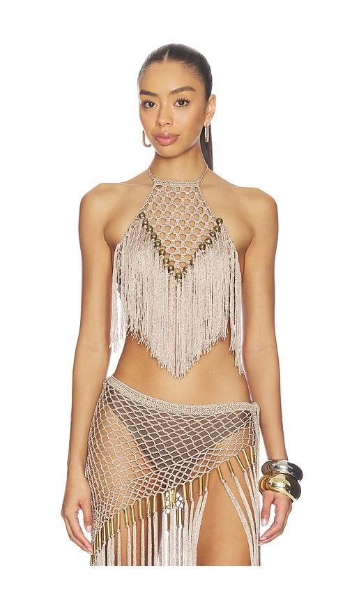 my beachy side aria hand crochet halter top in metallic bronze.