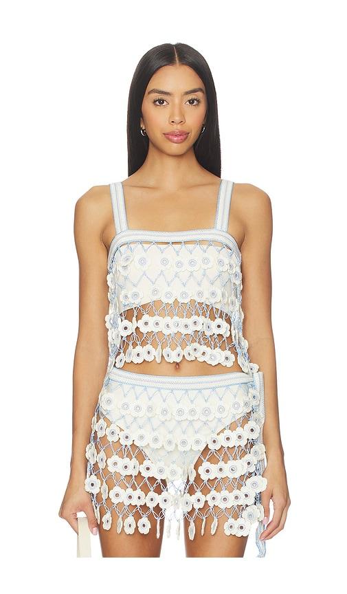 my beachy side fleur hand-crocheted top in baby blue.