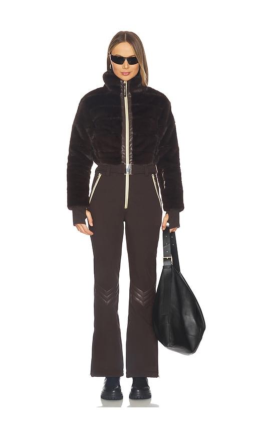 my sunday ski faux fur altitude ski suit in chocolate.