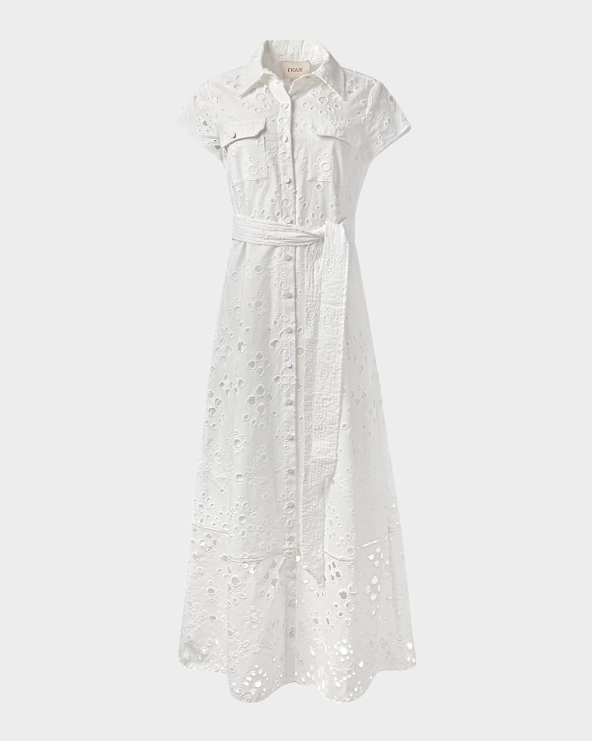 mykonos eyelet embroidered maxi shirtdress with belt