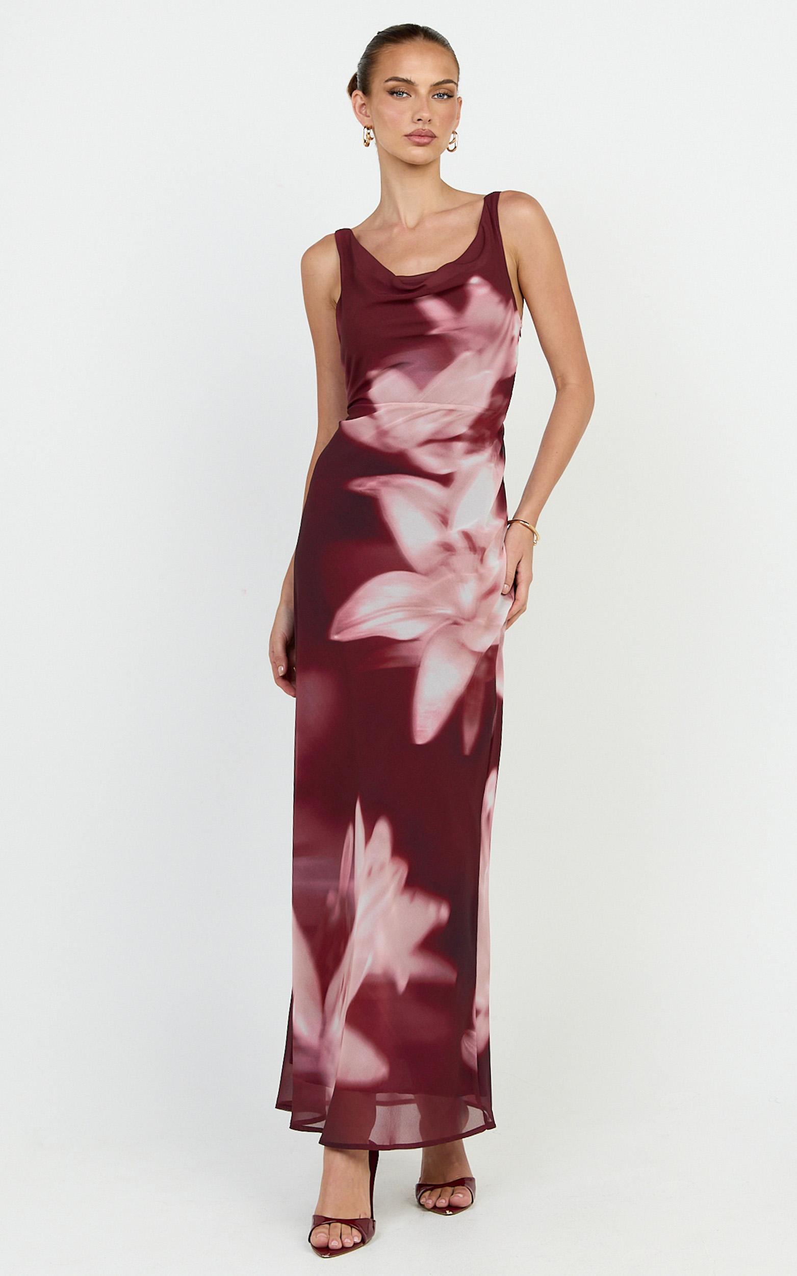 myra maxi dress - cowl neck scoop back slip dress in maroon lily print