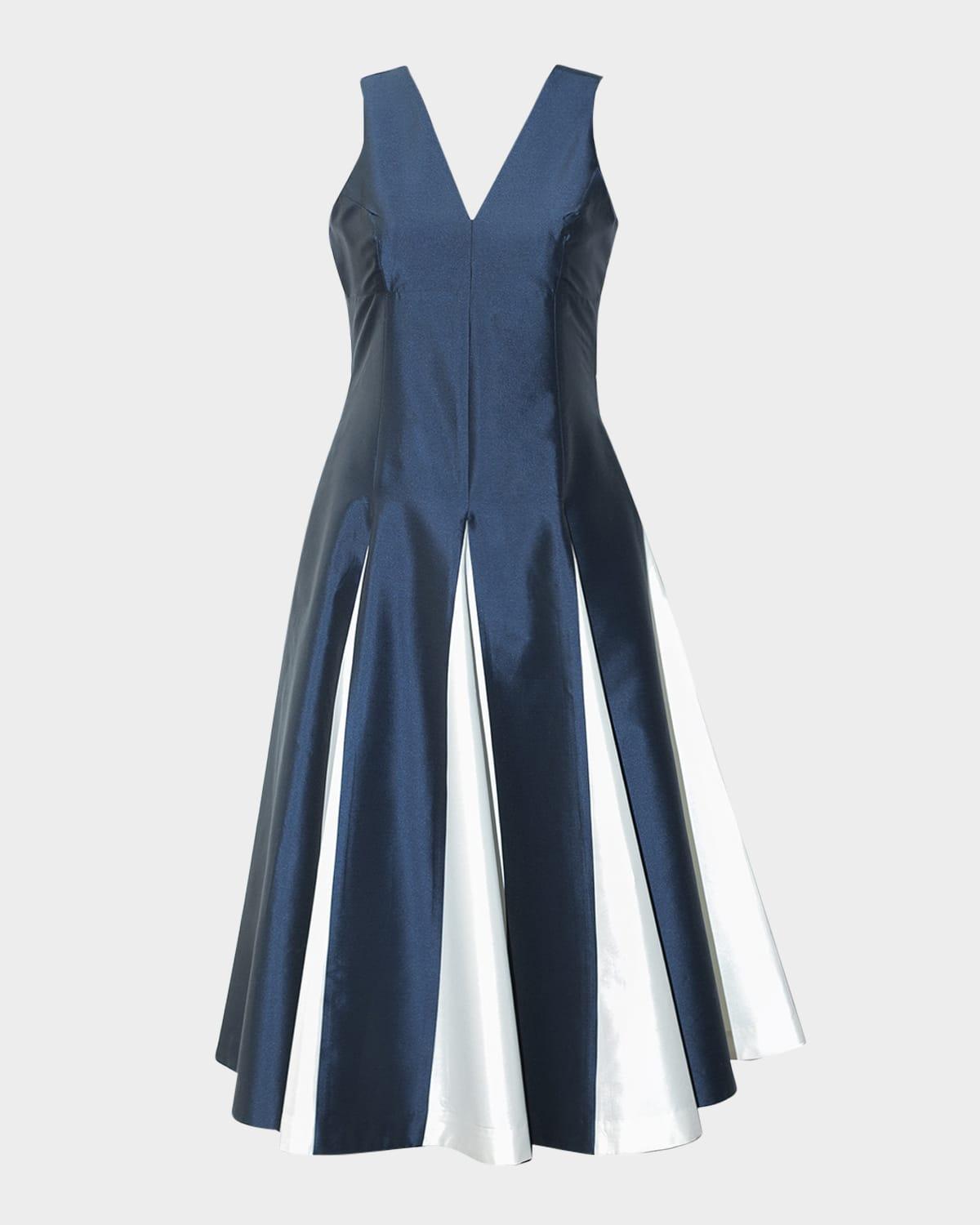 mythos sleeveless contrast godet midi dress