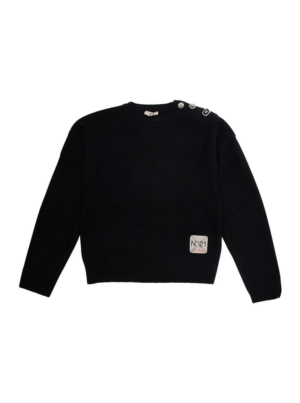 n.21 black crewneck sweater with embellishments on the sleeve and logo patch on the front in wool blend girl