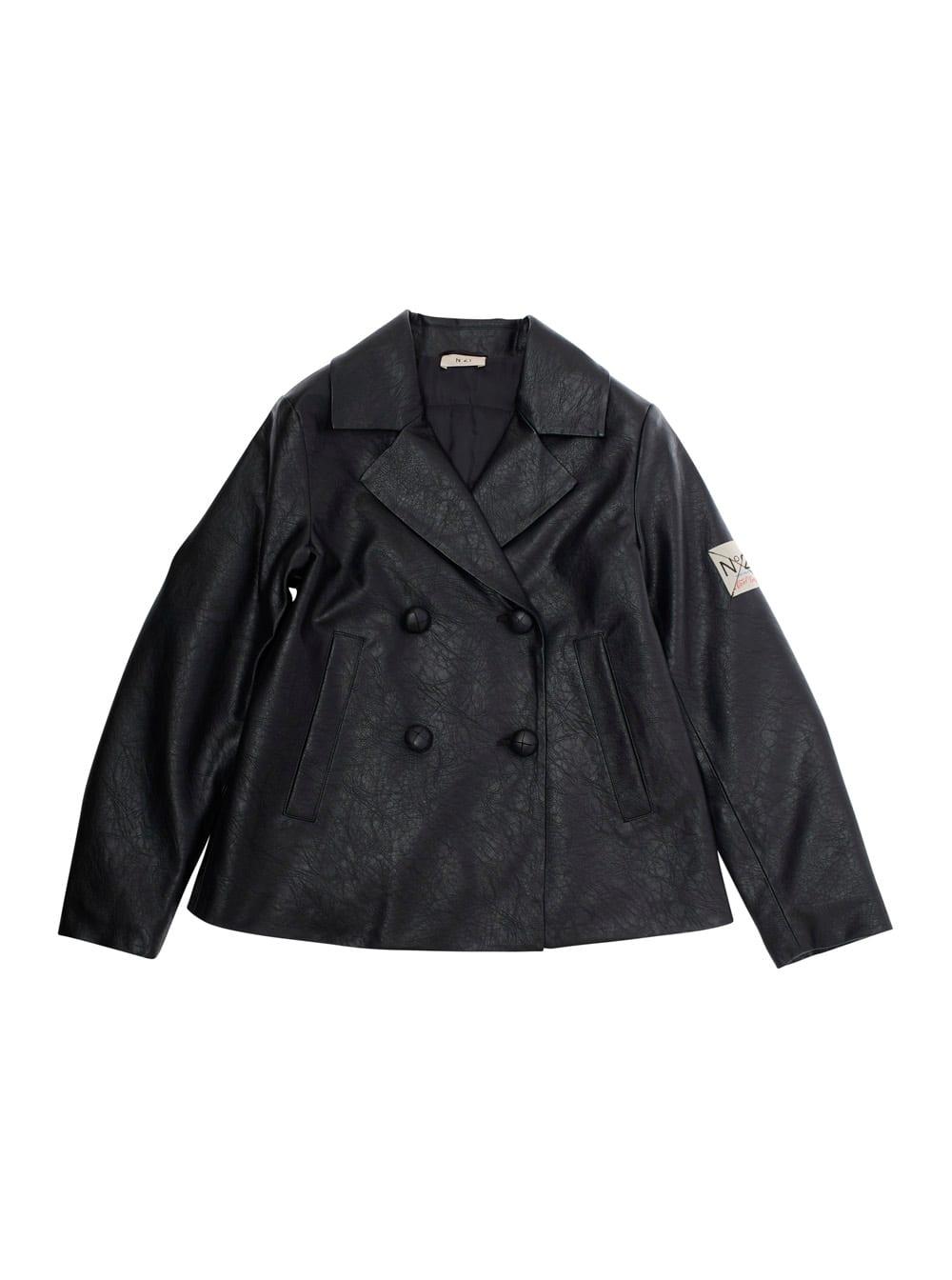n.21 black double-breasted jacket with logo patch on sleeve in eco leather girl