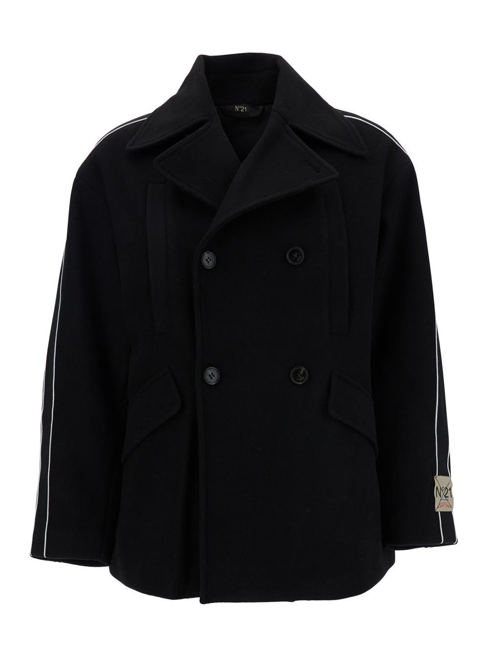 n.21 black double-breasted jacket with wide notched revers and logo patch on the sleeve in wool blend boy