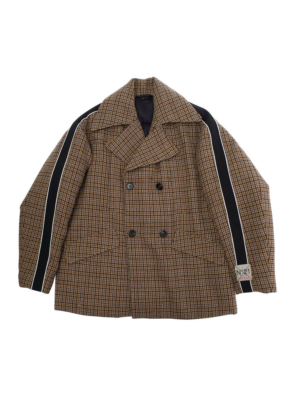 n.21 brown double-breasted jacket with notched revers and all-over check motif in tech fabric boy
