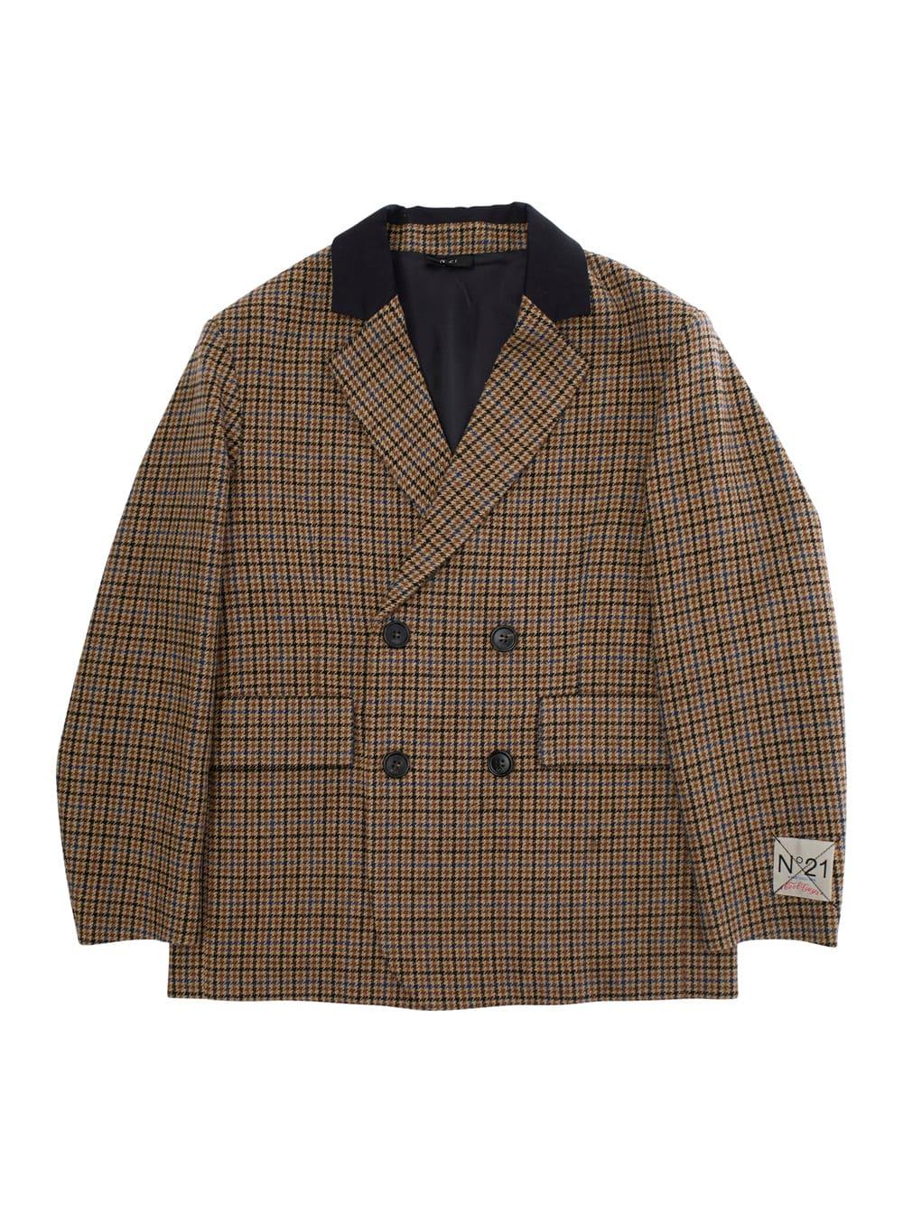 n.21 brown double-breasted jacket with notched revers and all-over check motif in wool blend boy