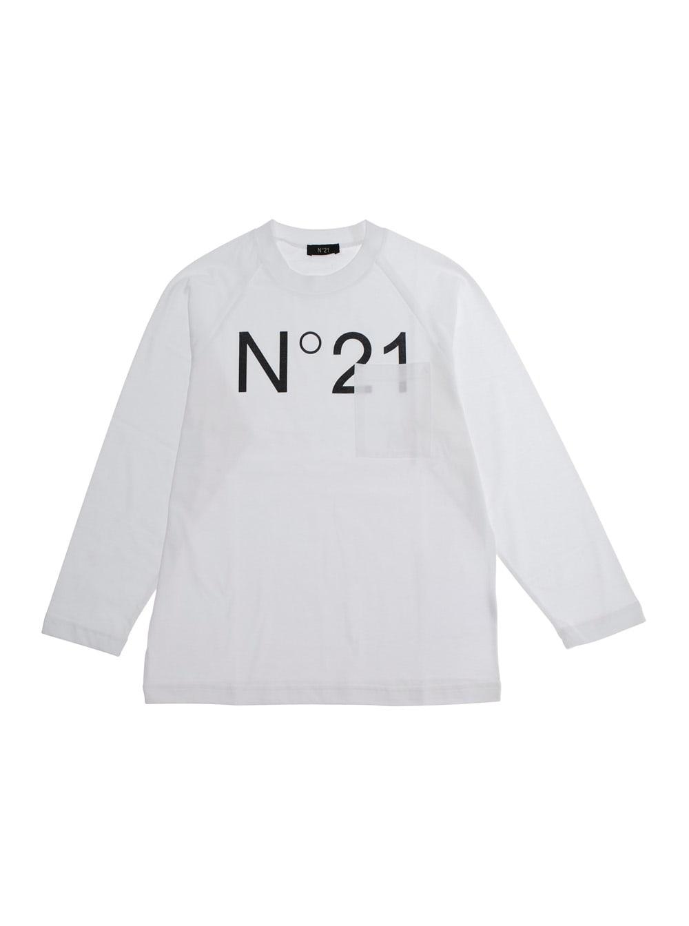 n.21 whitelong-sleeved t-shirt with maxi logo on front in cotton girl