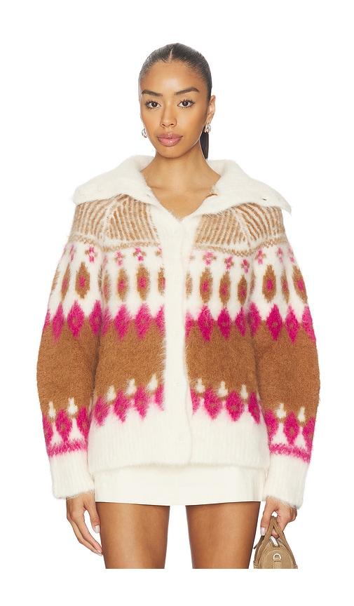 naadam italian luxe brushed fair isle reversible cardigan in brown,fuchsia.