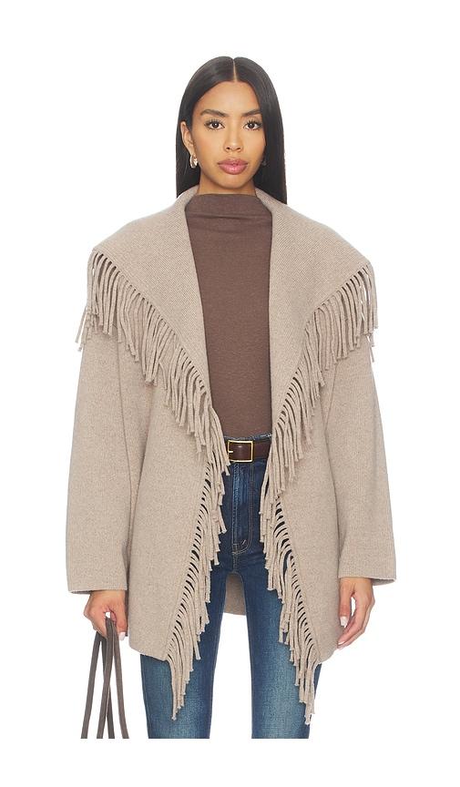 naadam wool tie waist fringe coat in taupe.