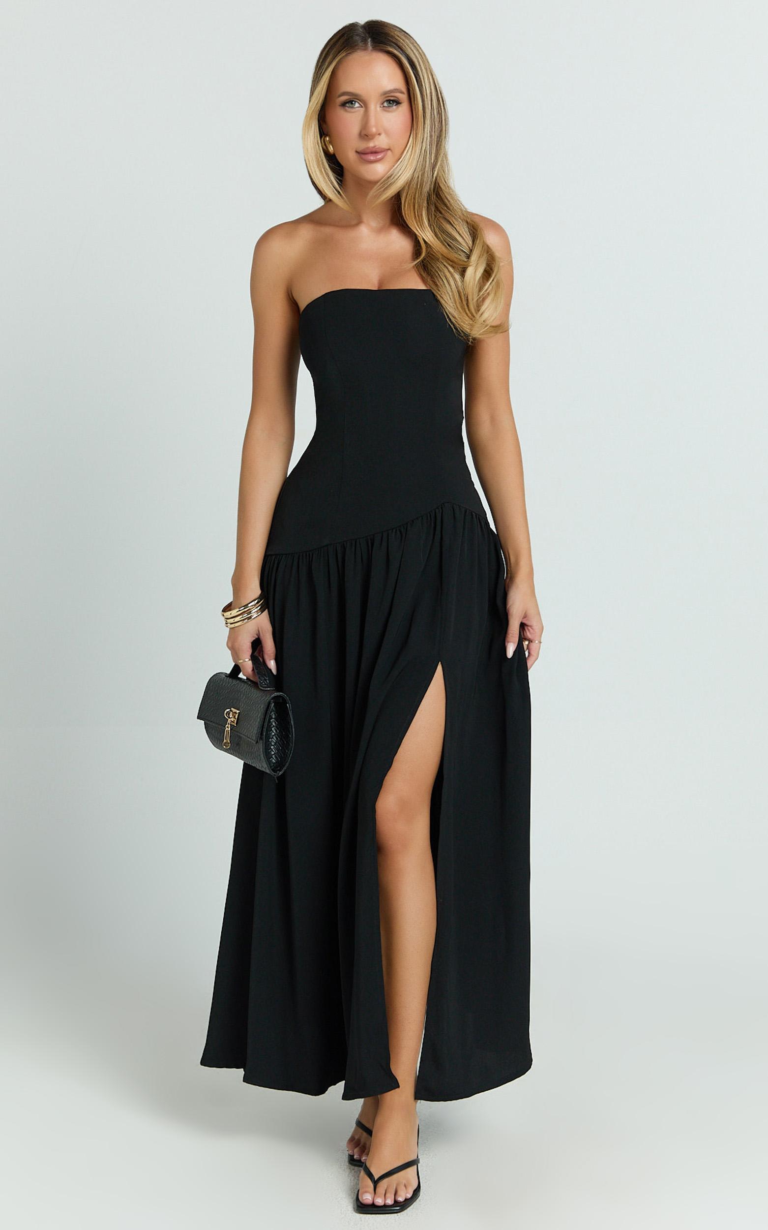 nadiane maxi dress - strapless asymmetric drop waist dress in black