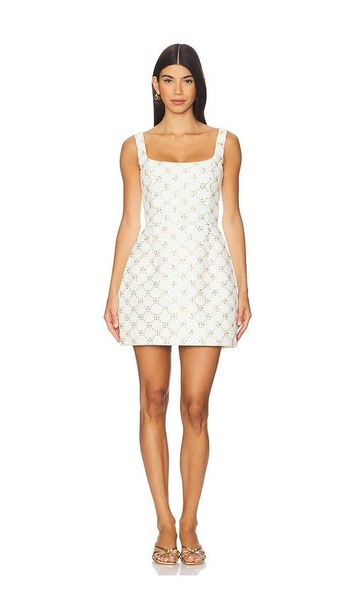 nadine merabi square neck tulip mini dress in cream.