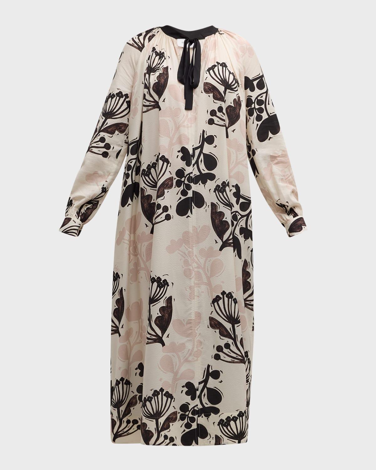 naive flower-print jacquard neck-tie maxi dress