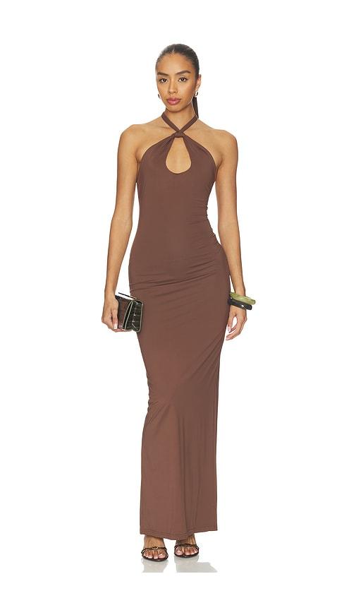 nakedvice the addie maxi dress in brown.