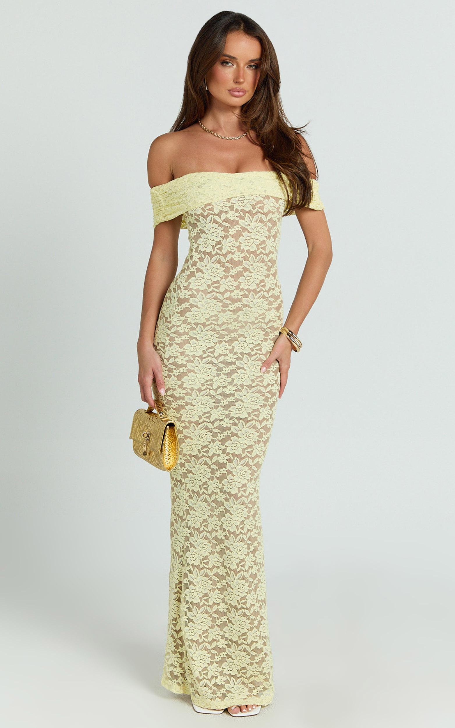 nalani maxi dress - lace off shoulder column bodycon dress in lemon