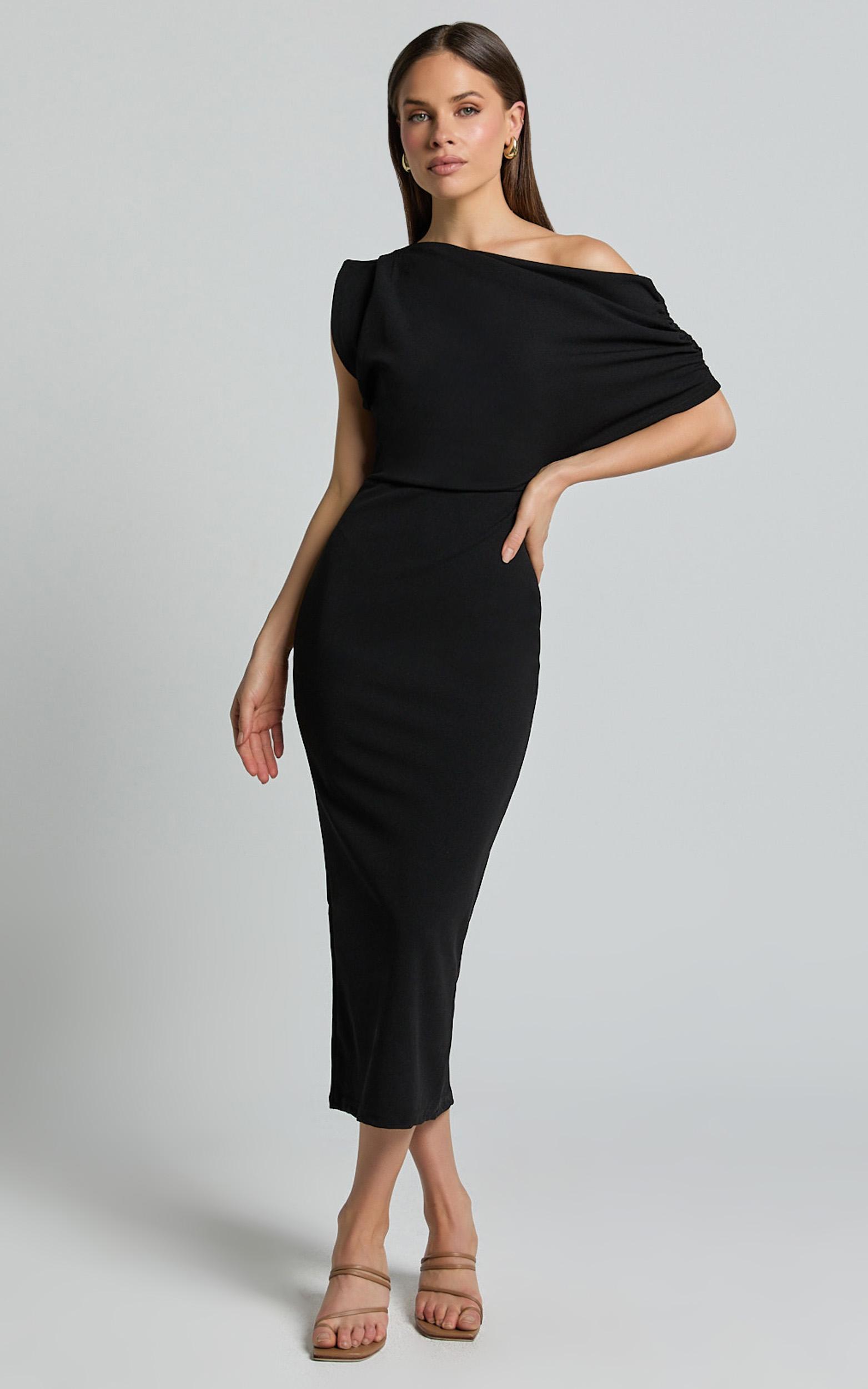 nalfie midi dress - tipped shoulder jersey drape dress in black