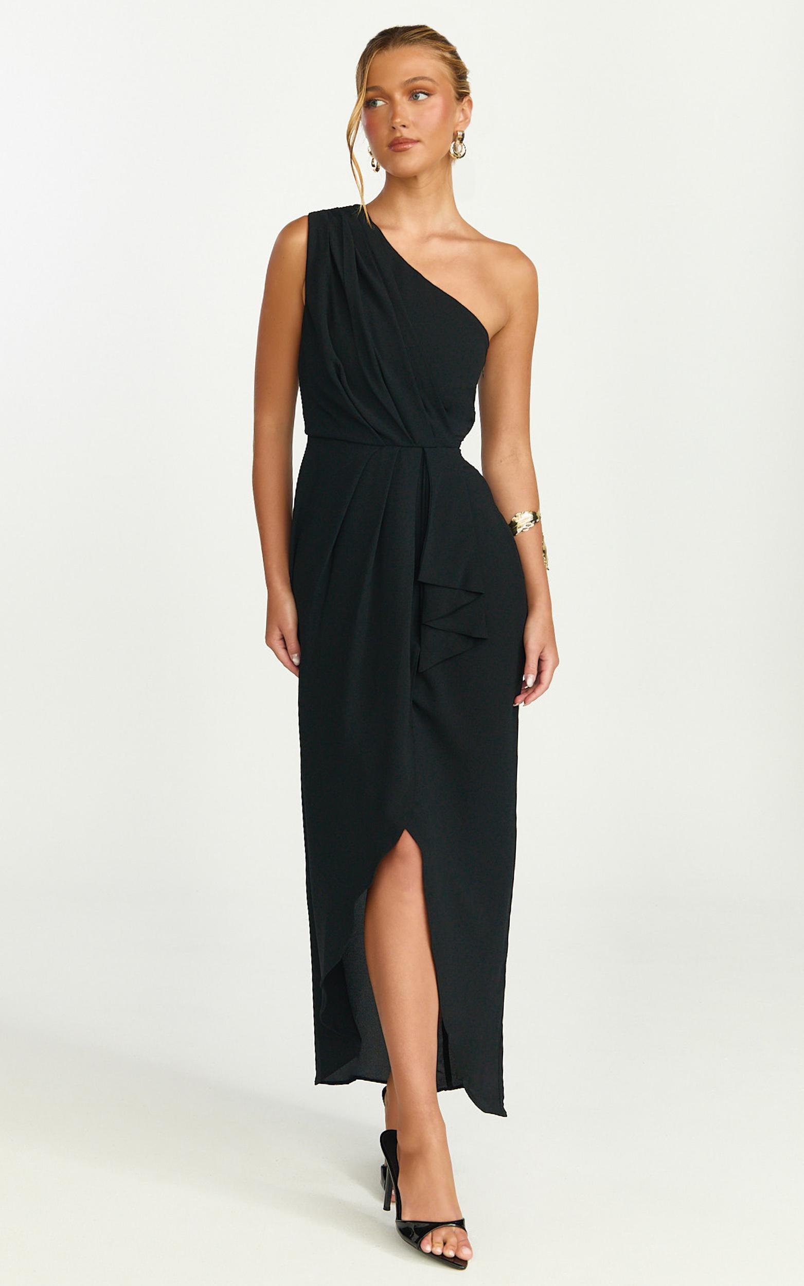 namaari midi dress - faux wrap one shoulder dress in black