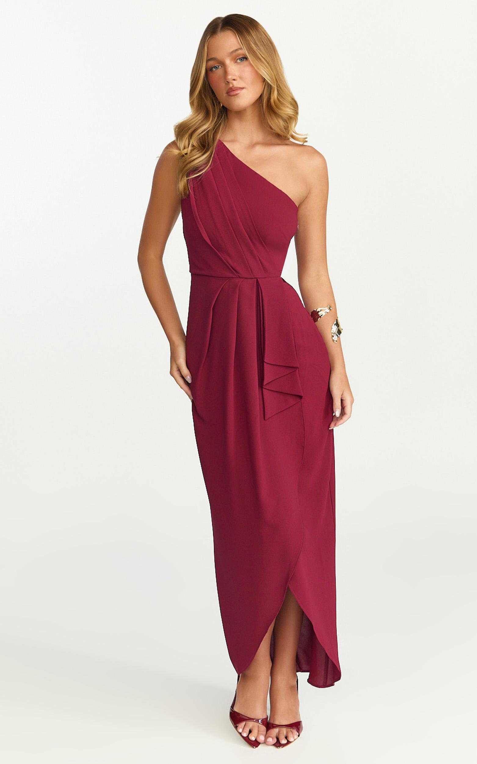 namaari midi dress - faux wrap one shoulder dress in wine