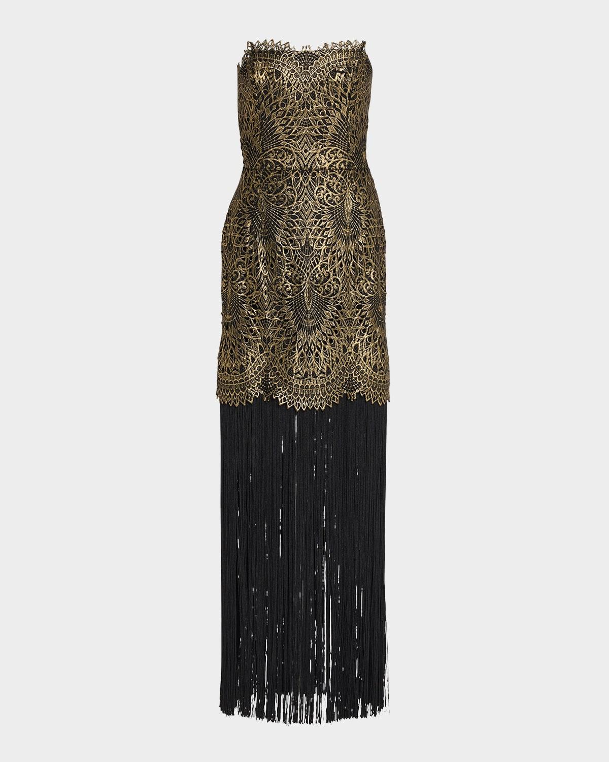naomi strapless metallic fringe gown