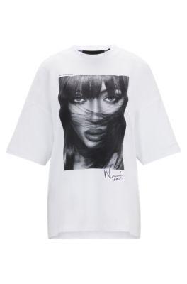 naomi x boss interlock-cotton t-shirt with dropped shoulders- white women's casual tops