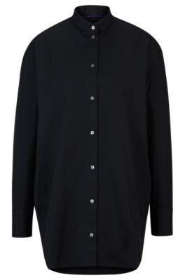 naomi x boss longline cotton blouse with crinkle-free effect- black women's business blouses