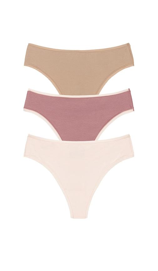natori bliss bare cotton thong 3-pack in pink.