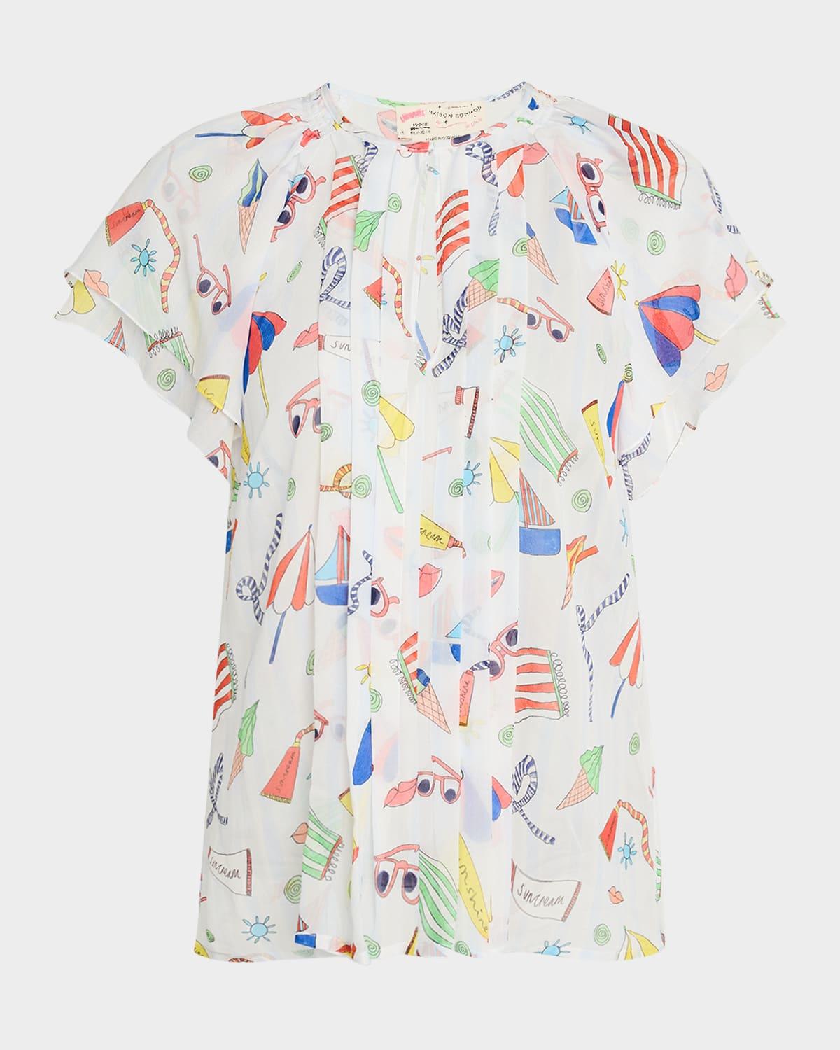 nautical-print flutter short-sleeve silk blouse