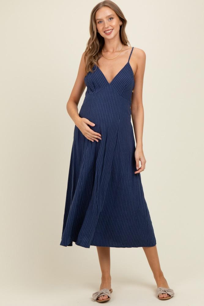 navy/white linen striped maternity midi dress