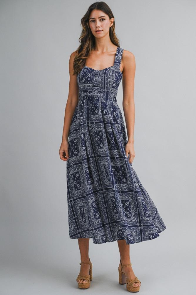 navy bandana print crisscross back midi dress