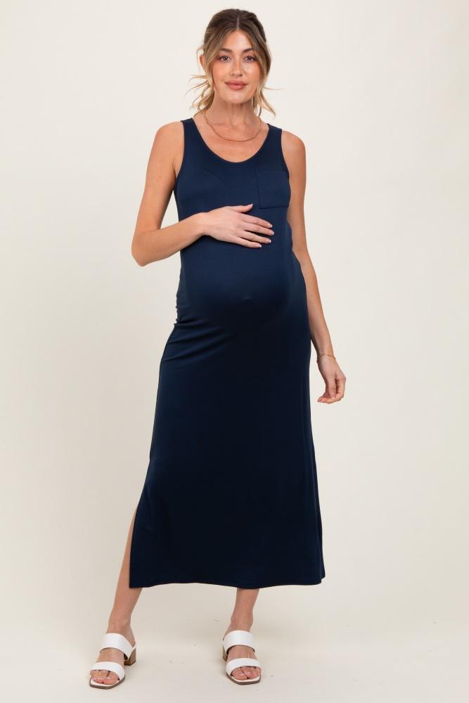 navy basic pocket sleeveless maternity maxi dress